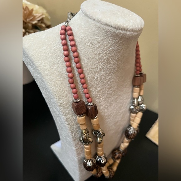 Vintage Silver Brown beaded Necklace Adjustable Closure Bohemian - Picture 10 of 12